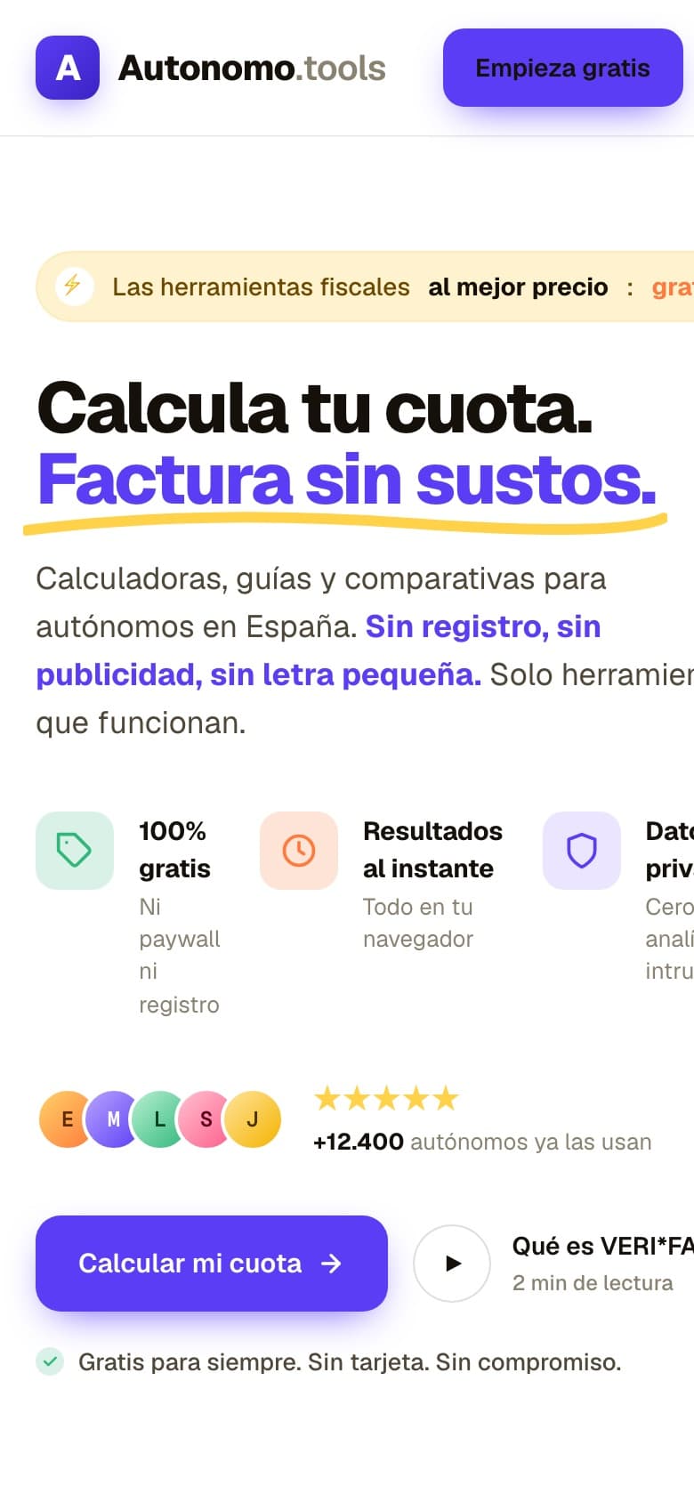 Autonomo.tools on mobile with the quota calculator front and centre