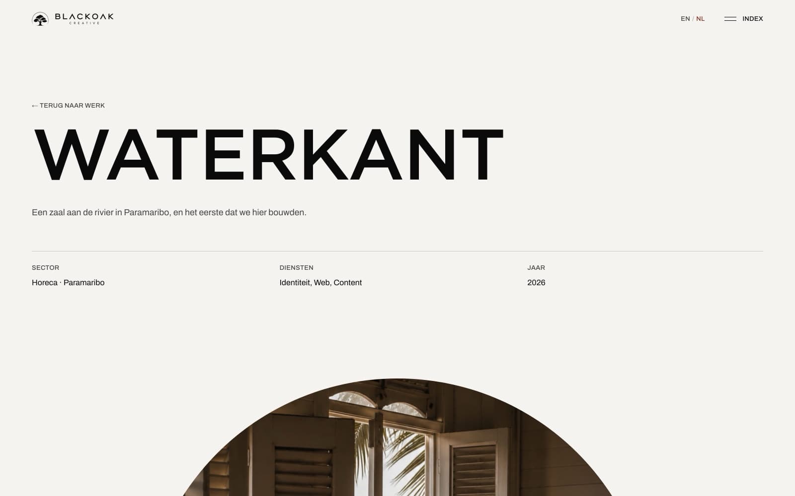 A Blackoak case study page on off-white paper: the project title set large in black above a metadata row of sector, services and year, with a circular photograph below