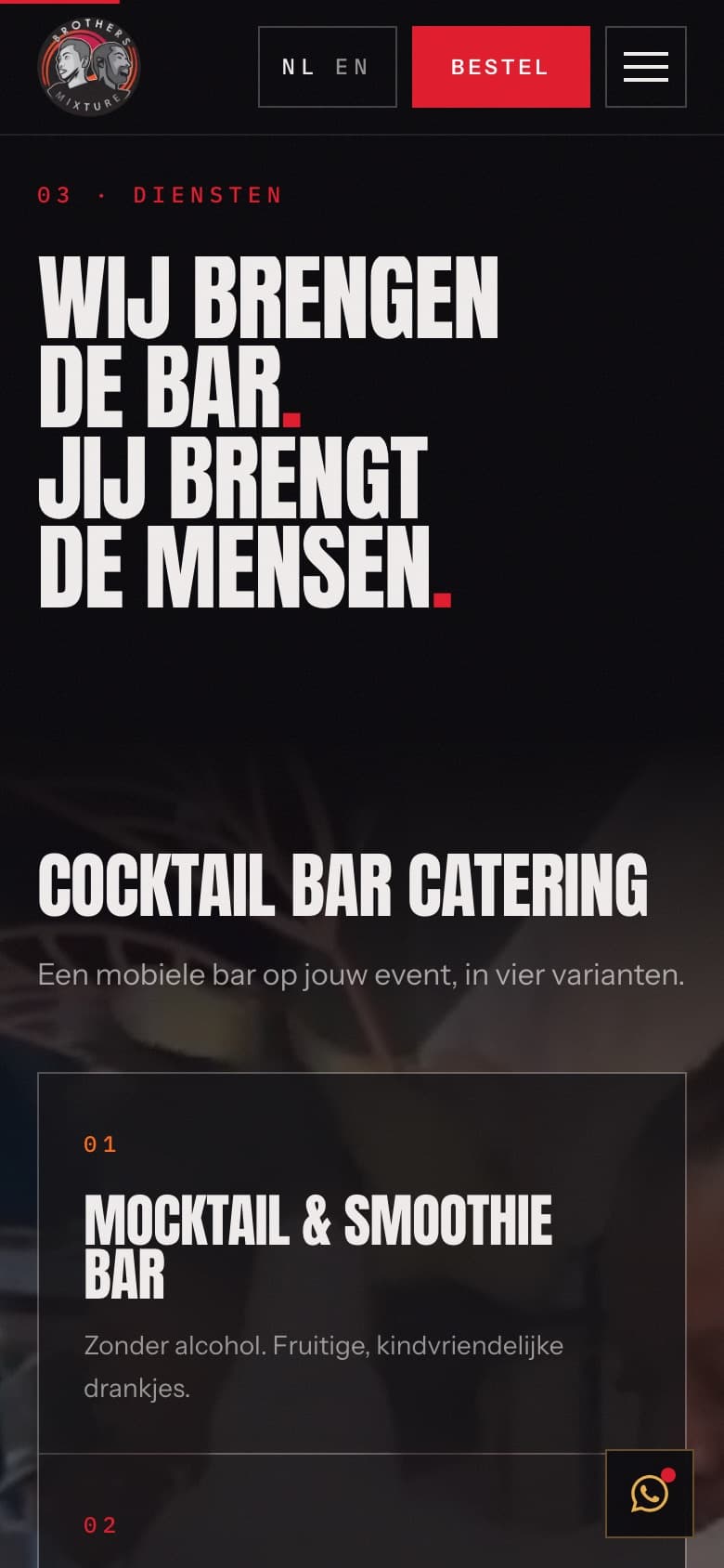 The services section on a phone: "Wij brengen de bar. Jij brengt de mensen." above a cut-out cocktail cup and the first of the four bar types
