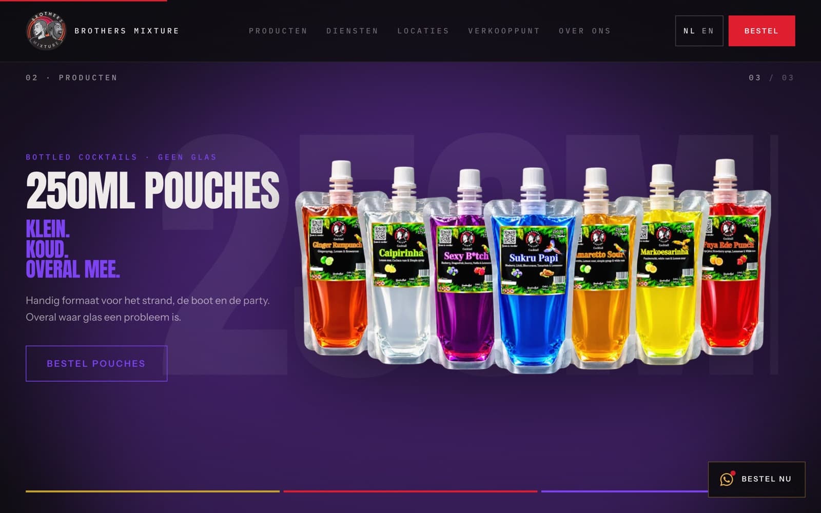The products section on purple: seven 250ML cocktail pouches in different colours next to the heading 250ML Pouches
