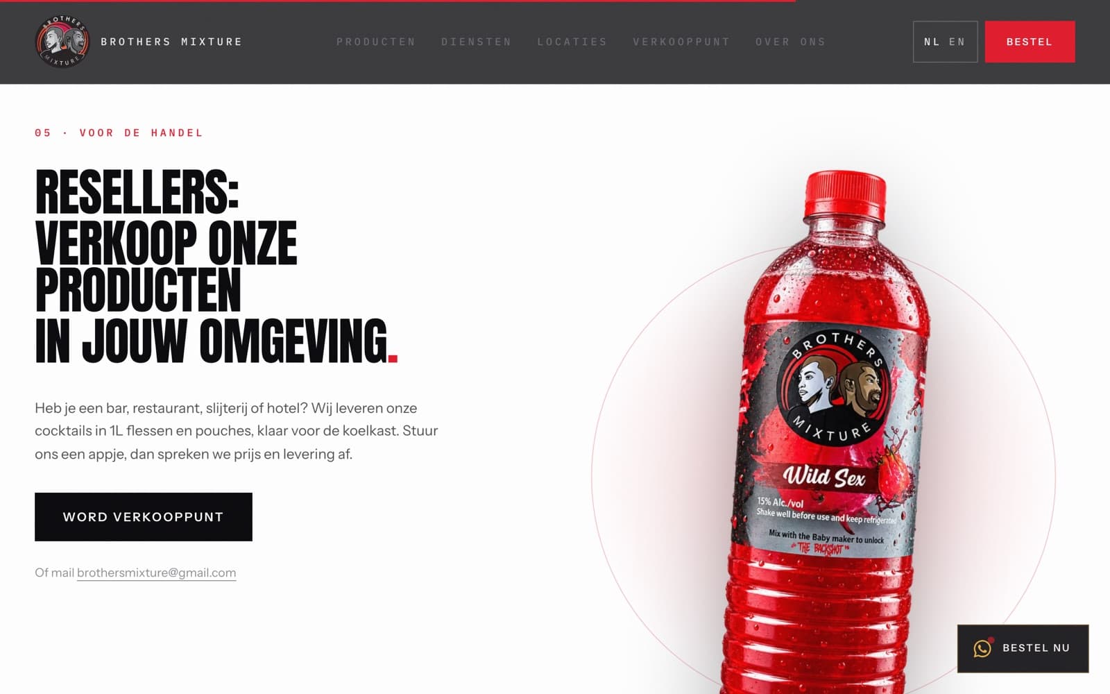 The stockist section on white: a heading inviting resellers to sell the products, with a red Wild Sex bottle on the right