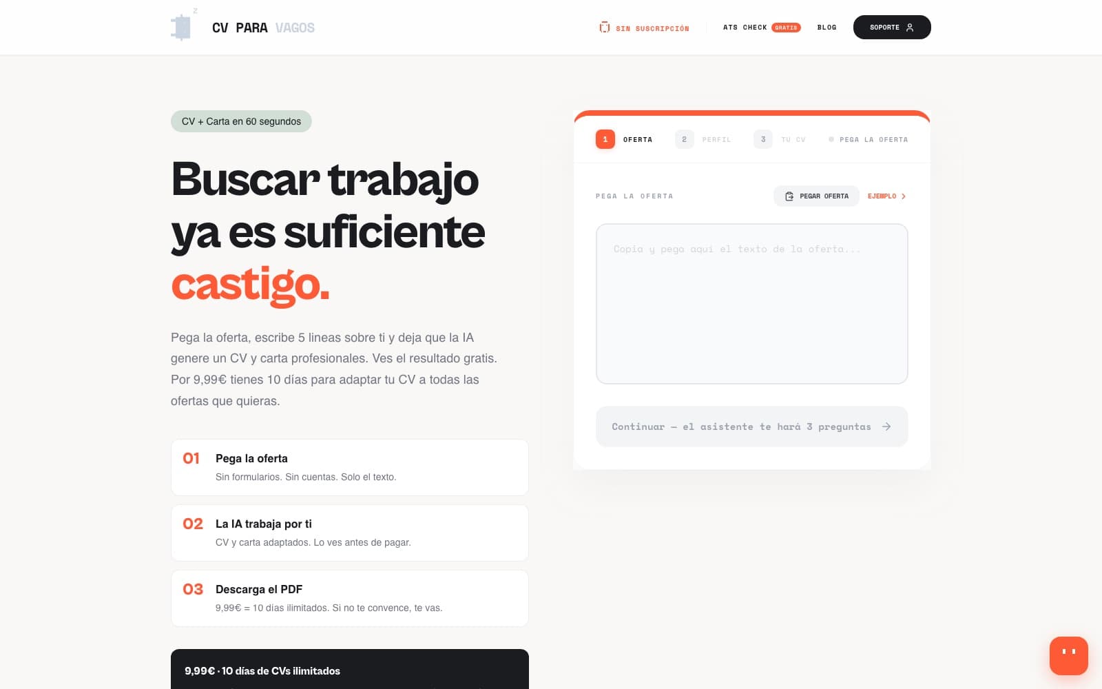 CV Para Vagos homepage: the headline “Buscar trabajo ya es suficiente castigo”, the three-step explanation and the paste-your-offer wizard
