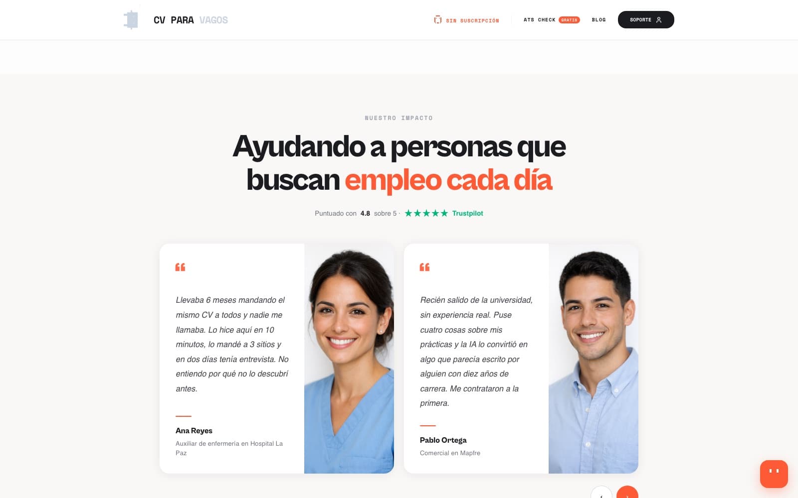 Impact section with a 4.8 out of 5 Trustpilot rating and testimonials from real users who landed interviews