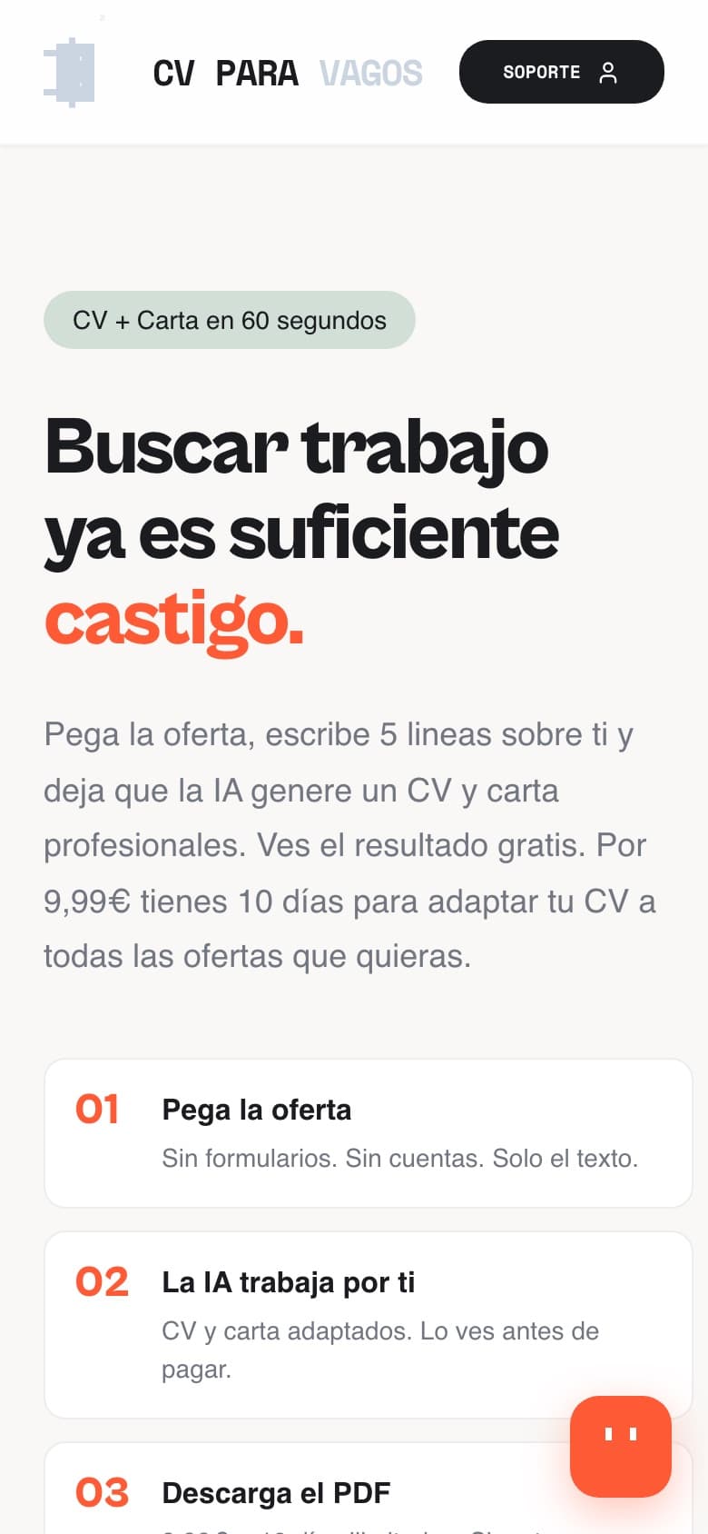 CV Para Vagos on mobile: the 60-second CV and cover letter flow