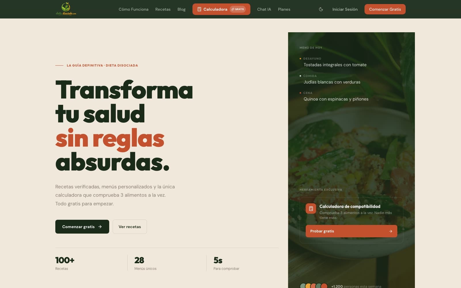 Dieta Disociada homepage: “Transforma tu salud sin reglas absurdas” with recipes, menus and the compatibility calculator