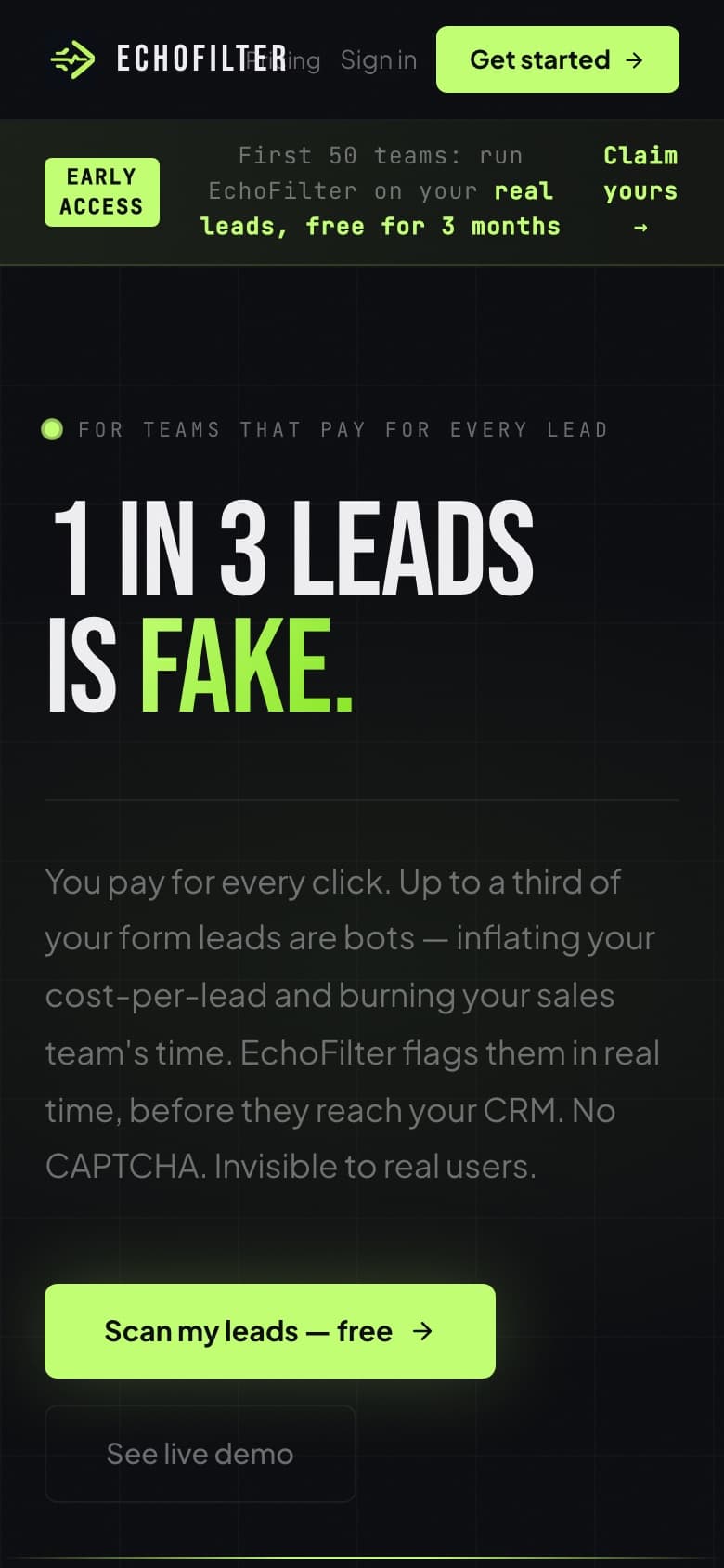 EchoFilter on mobile with the lead-scoring value proposition