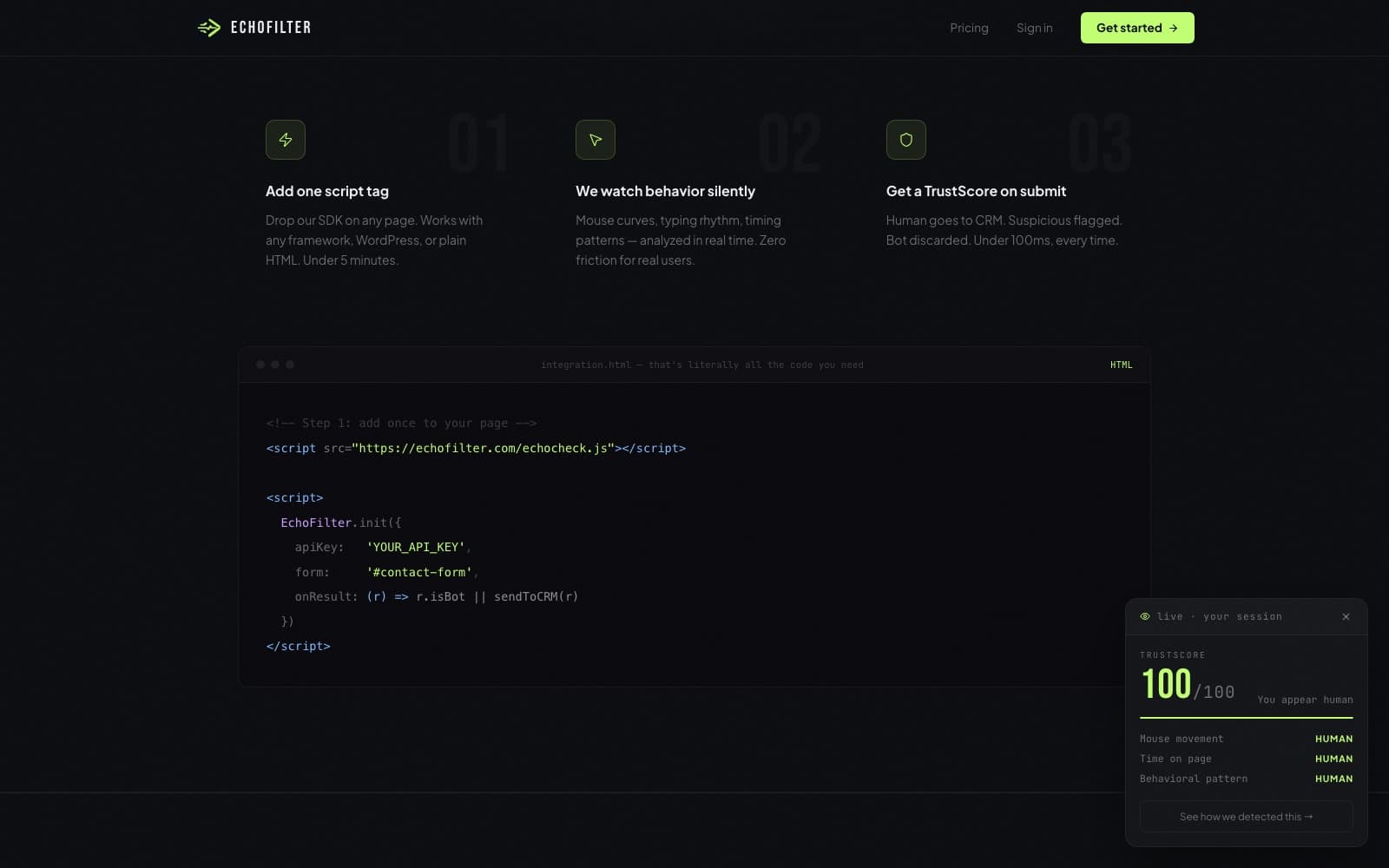 How EchoFilter works: behavioural signals, real-time scoring and CRM routing without CAPTCHAs