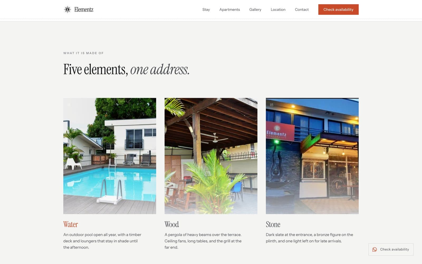 The Elementz Apartments site: “Five elements, one address” above a grid of photographs of the pool, the timber pergola and the lit stone entrance