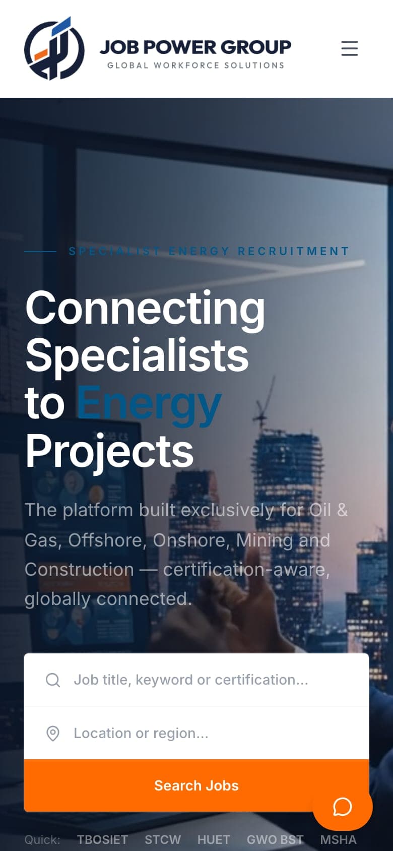 Job Power Group homepage on mobile with job search and quick certification filters from TBOSIET to MSHA