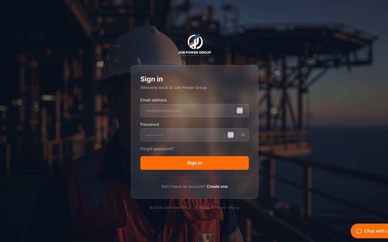 Job Power Group sign-in screen, a frosted-glass card over an offshore platform at dusk