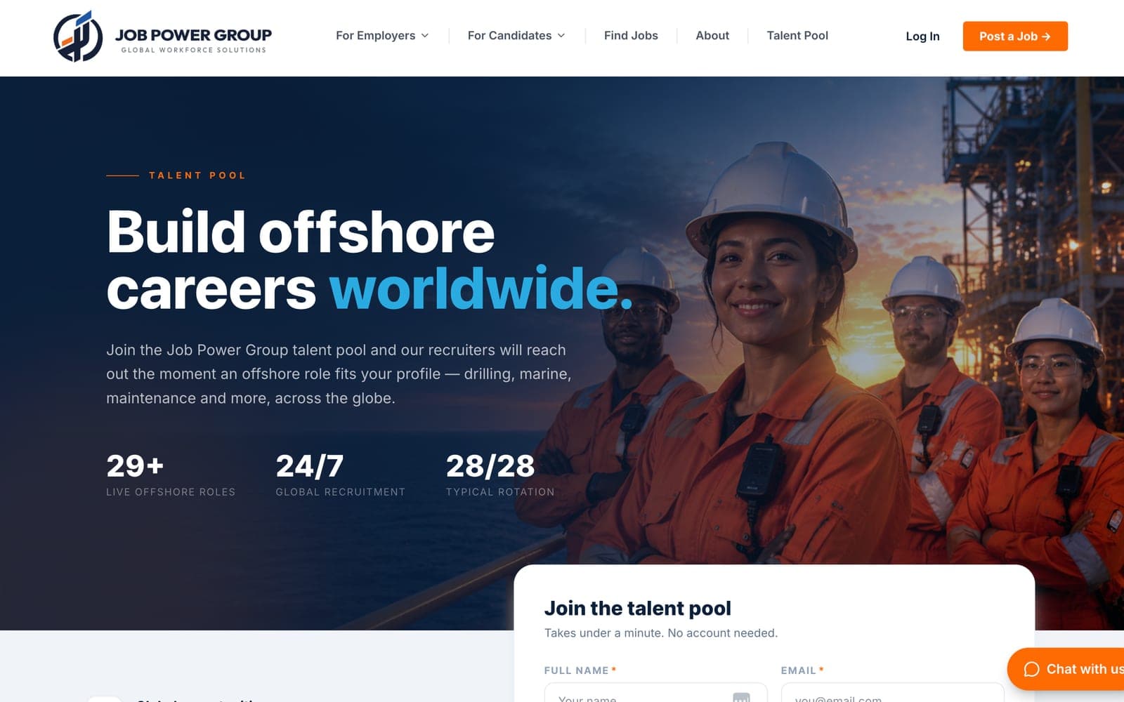 Talent pool page: “Build offshore careers worldwide” with live offshore roles, 24/7 recruitment and 28/28 rotation