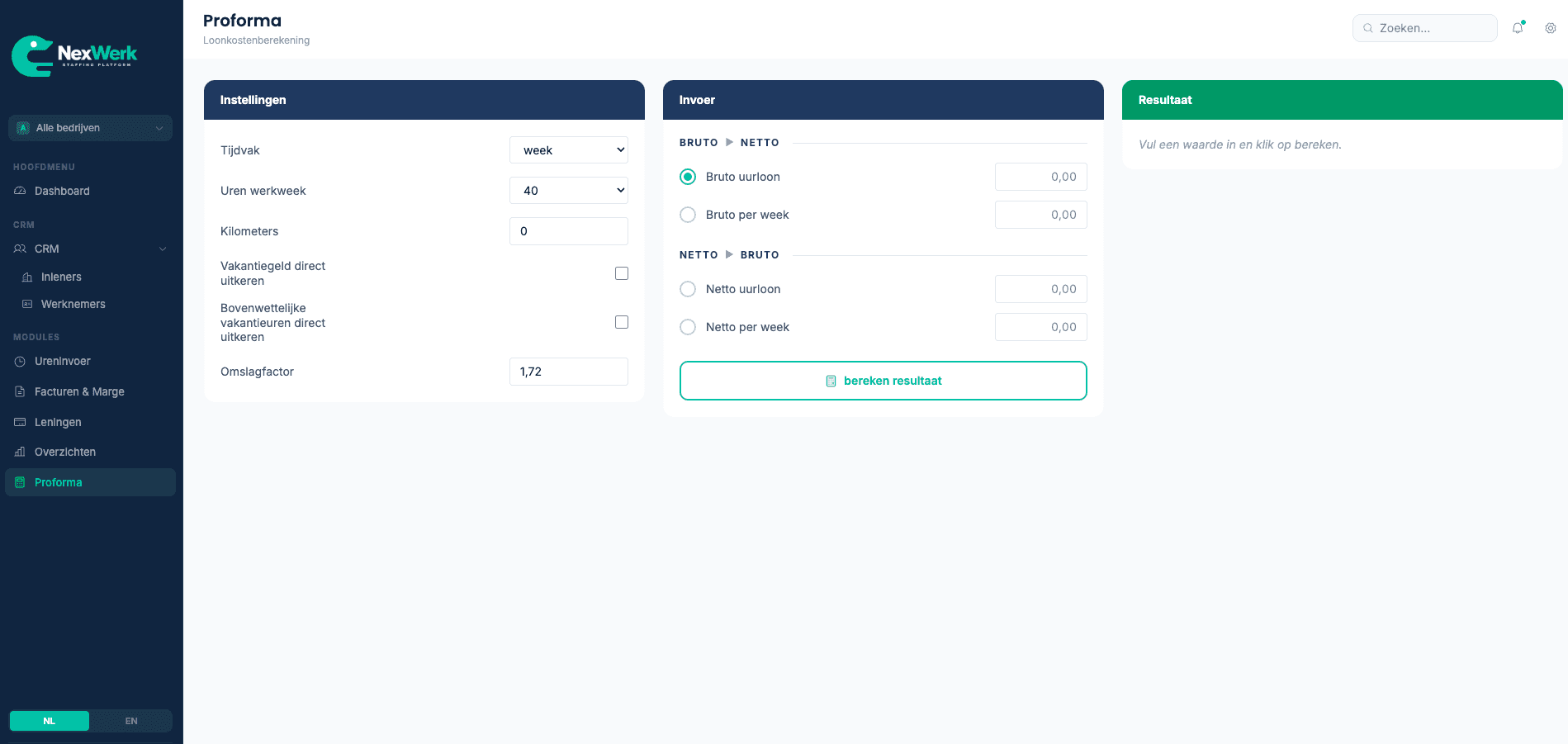 NexWerk proforma payroll cost calculator converting gross to net hourly wages