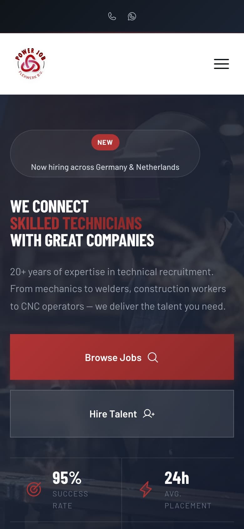 Power Job Flexwerk on mobile with vacancies and one-tap WhatsApp application