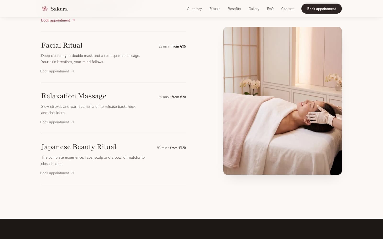 The rituals menu: Facial Ritual, Relaxation Massage and Japanese Beauty Ritual with durations and prices