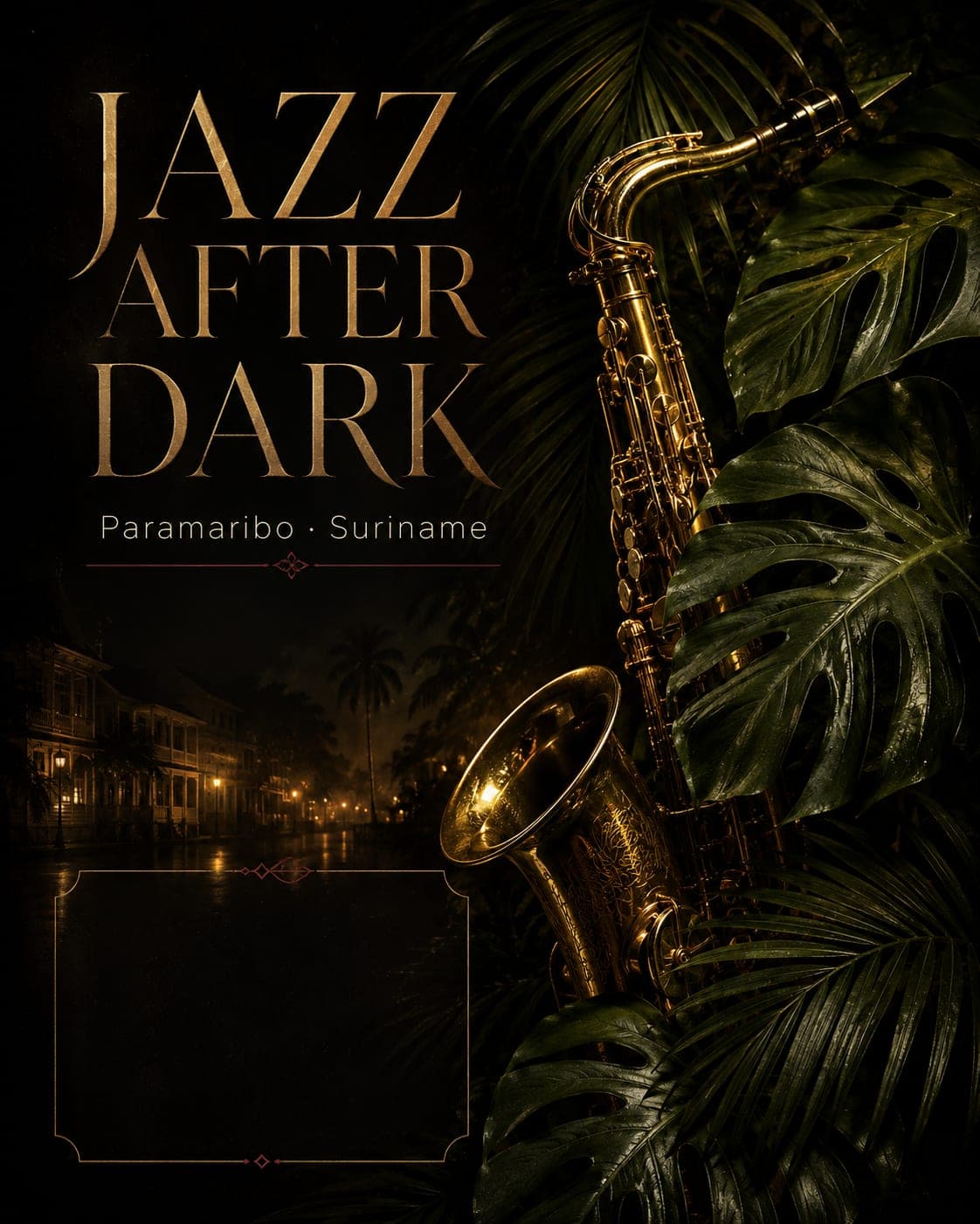 Concept poster “Jazz After Dark — Paramaribo · Suriname”: a gold saxophone against dark palm leaves over a colonial street at night