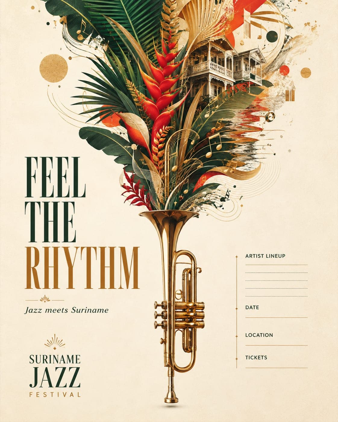 Concept poster “Feel the Rhythm — Jazz meets Suriname”: a trumpet erupting into tropical flora and colonial architecture on cream, with blank lineup, date, location and ticket lines