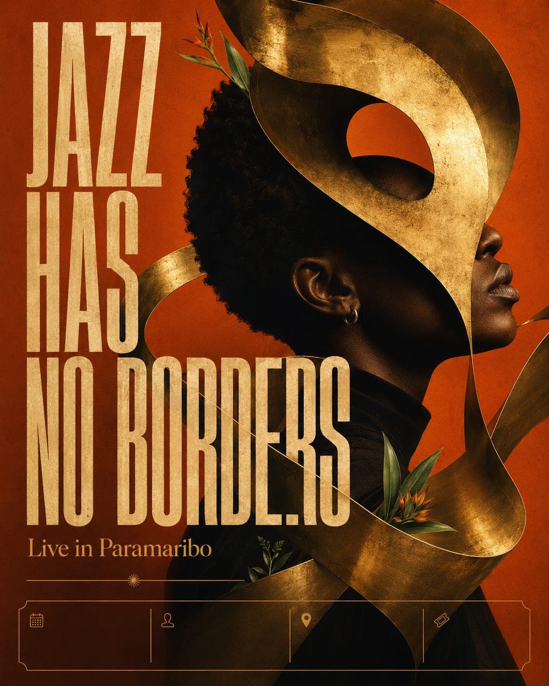 Concept poster “Jazz Has No Borders — Live in Paramaribo”: a portrait wrapped in gold ribbons on burnt orange, with icon slots for date, artist, venue and tickets