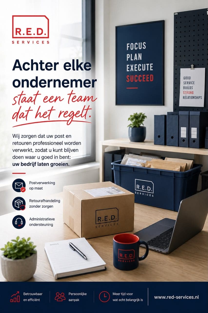 R.E.D. Services ad: an office desk with branded boxes and mug under the headline “Achter elke ondernemer staat een team dat het regelt”, with three service points