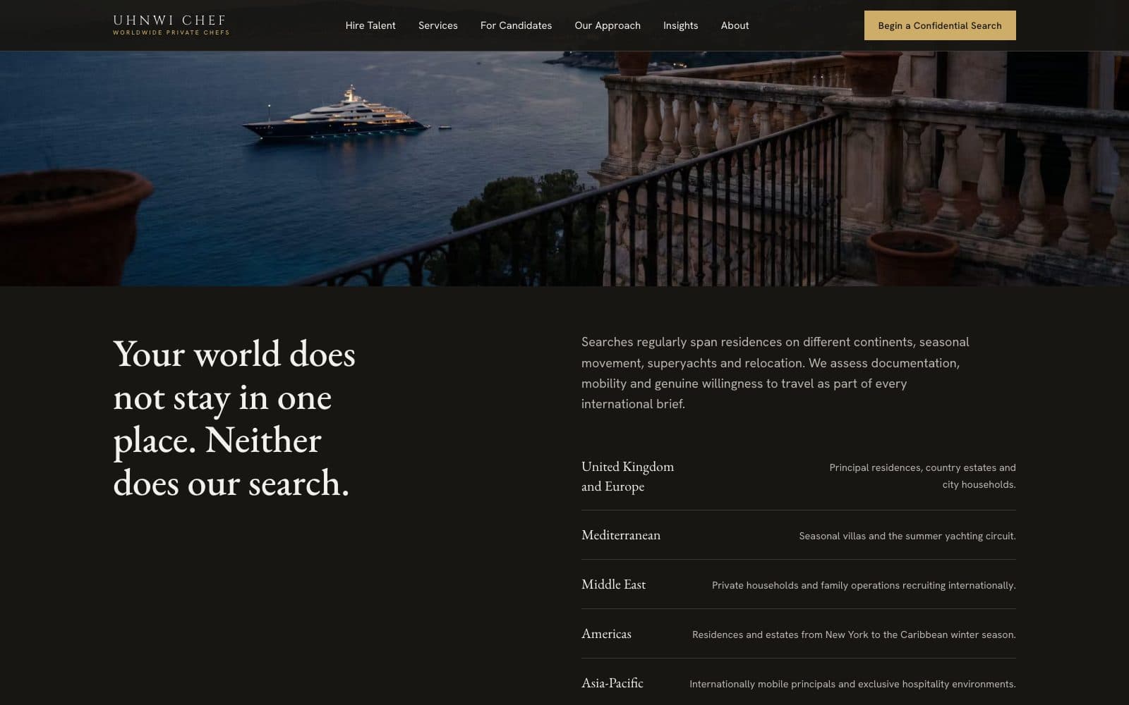 UHNWI Chef section on global coverage: a superyacht moored below a Mediterranean villa terrace, beside a list of the regions served — United Kingdom and Europe, Mediterranean, Middle East, Americas, Asia-Pacific